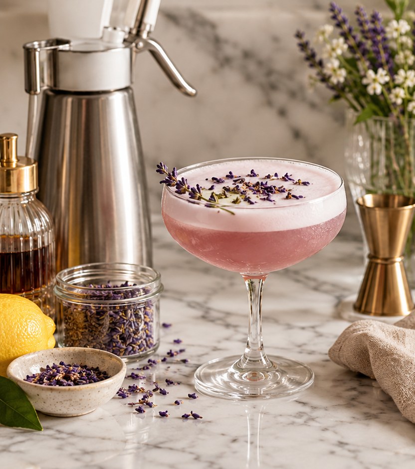 Cocktails and bar accessories on a white marble counter